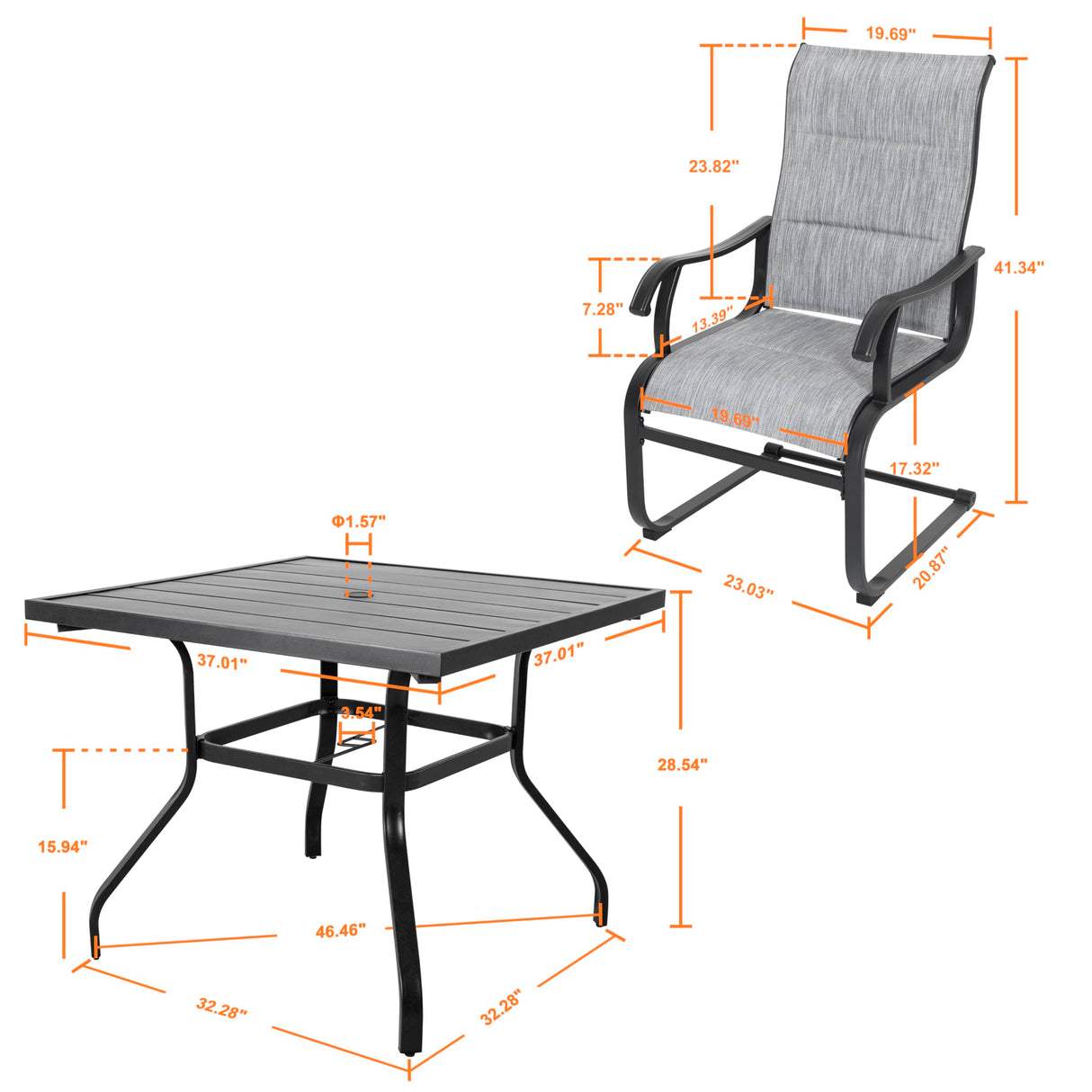 NUU GARDEN 5-Piece Outdoor Dining Set, All Weather Outdoor Padded Textilene Patio Chairs and Square Dining Table with Umbrella Hole for Backyard, Patio, Garden, Deck, Light Black and Grey NUU GARDEN
