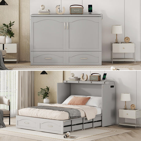 MERITLINE Full Size Murphy Bed Wall Bed with Storage Drawer and a Set of Sockets & USB Ports, Space-Saving for Multipurpose Guest Room or Home Office, Gray MERITLINE
