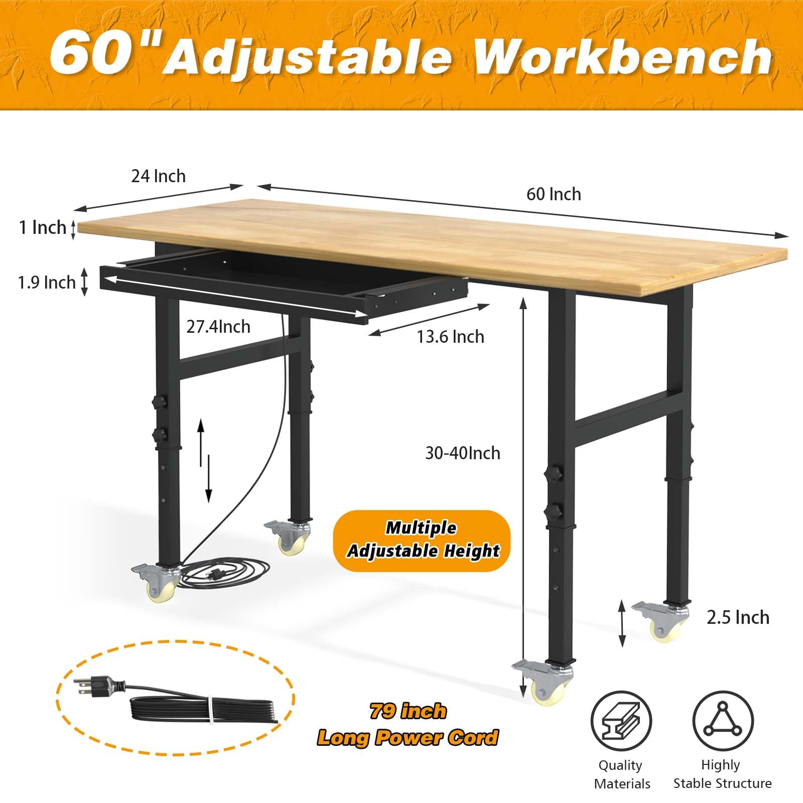 60" Adjustable Workbench, 2000 LBS Load Capacity Heavy Duty Table, Hard Rubber Wood Work Bench with Power Outlets, Wheels and Drawer for Garage, Workshop, Home, Office, Easy to Assemble - WoodArtSupply