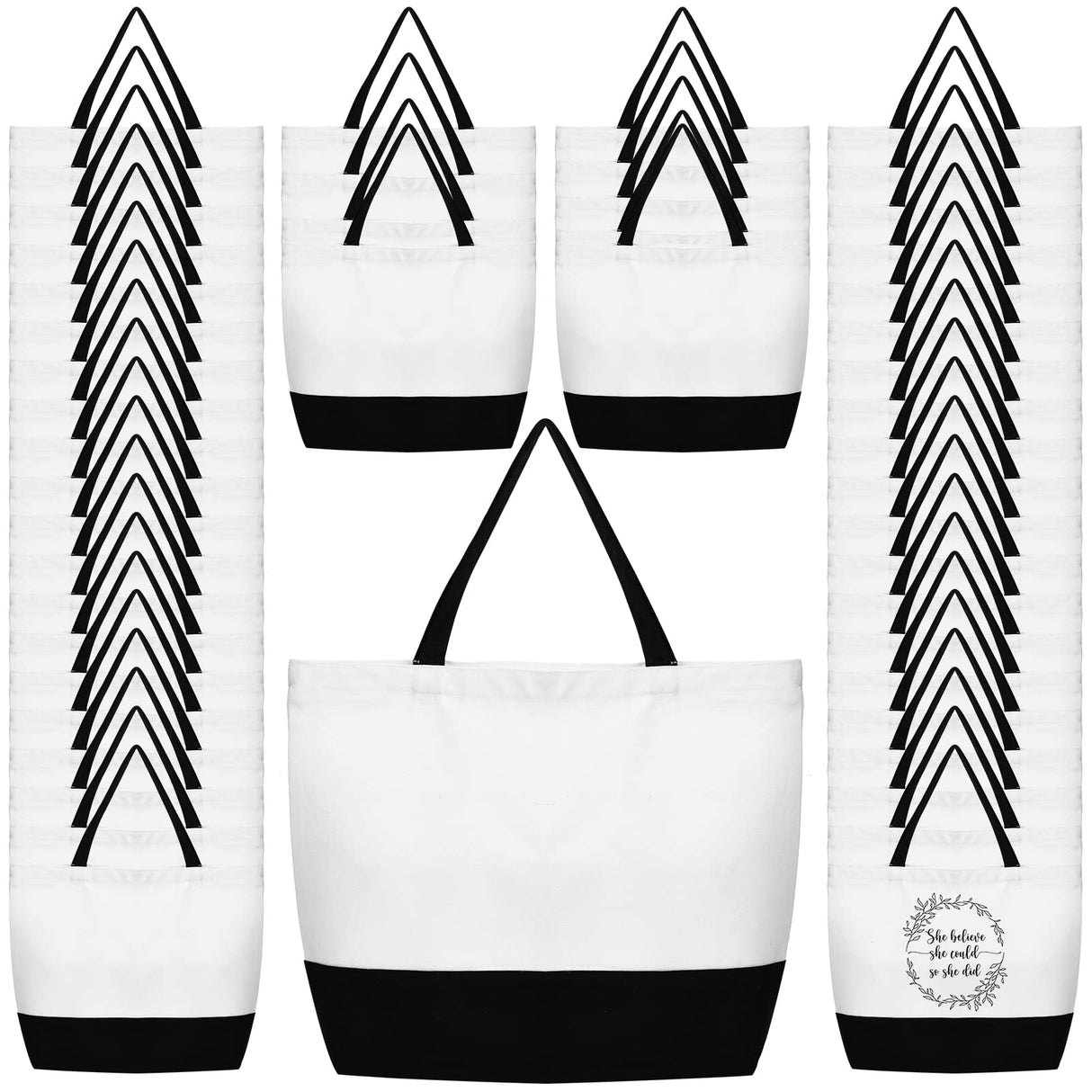 50 Pieces Large Canvas Tote Bags Reusable Grocery Cloth Bags Sublimation Tote Bags Blank Plain Bulk Bags with Zipper Cotton Tote Bag Black White for DIY Crafts for Shopping Women Employee Teachers Sieral