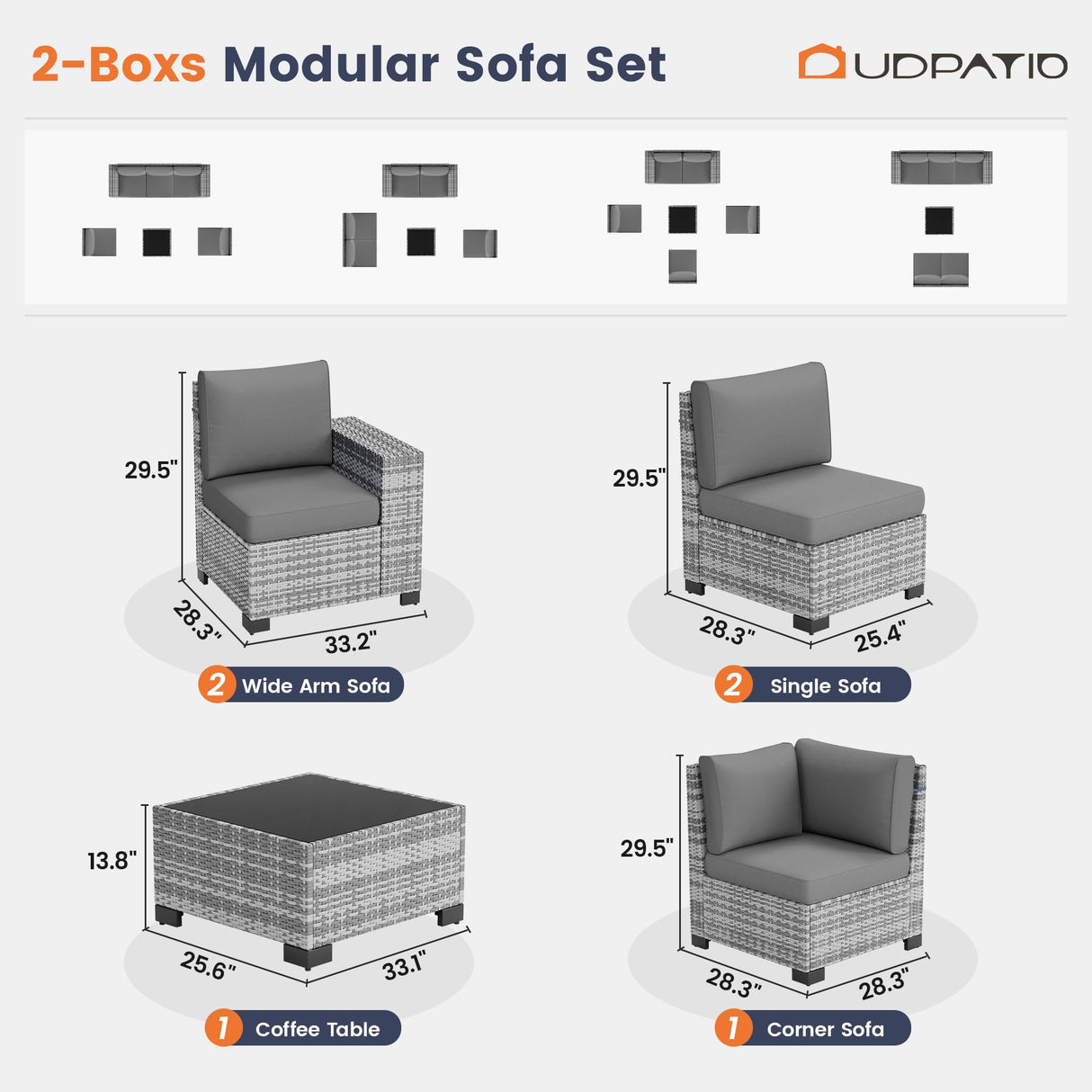 UDPATIO Patio Furniture Set, 8 Inch Armrest Outdoor Sectional Sofa, 6 Piece Wicker Outdoor Furniture Conversation Sets with Waterproof Cover and Coffee Table for Backyard Deck(Grey/Dark Grey) UDPATIO