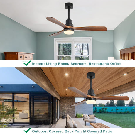 Sofucor 52 Inch Ceiling Fans with Lights and Remote Control, 3 Down Rods Outdoor Ceiling Fan with Light, Dimmable LED Light, Noiseless Motor & 3 Reversible Wood Blades Sofucor