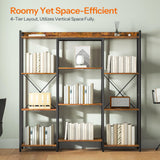 HOOBRO Triple 4-Tier Bookshelf, Bookcase with 10 Open Storage Display Shelves, Rustic Industrial Style Book Shelves, Wide Book Shelf for Living Room and Home Office, Rustic Brown and Black BF24SJ01 HOOBRO