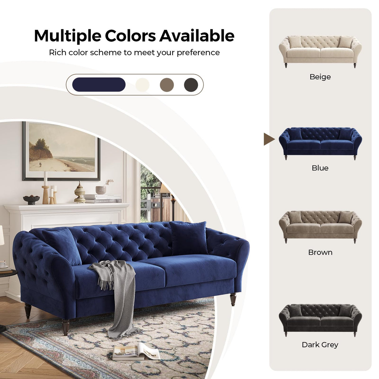 Fadware 81” Luxury Chesterfield Sofa, Velvet Loveseat with 2 Pillows& Retro Wooden Leg, Mid Century Modern 2-Seater Couch with Tufted Armrest& Back, Comfy Home Sofa for Living Room Bedroom Fadware