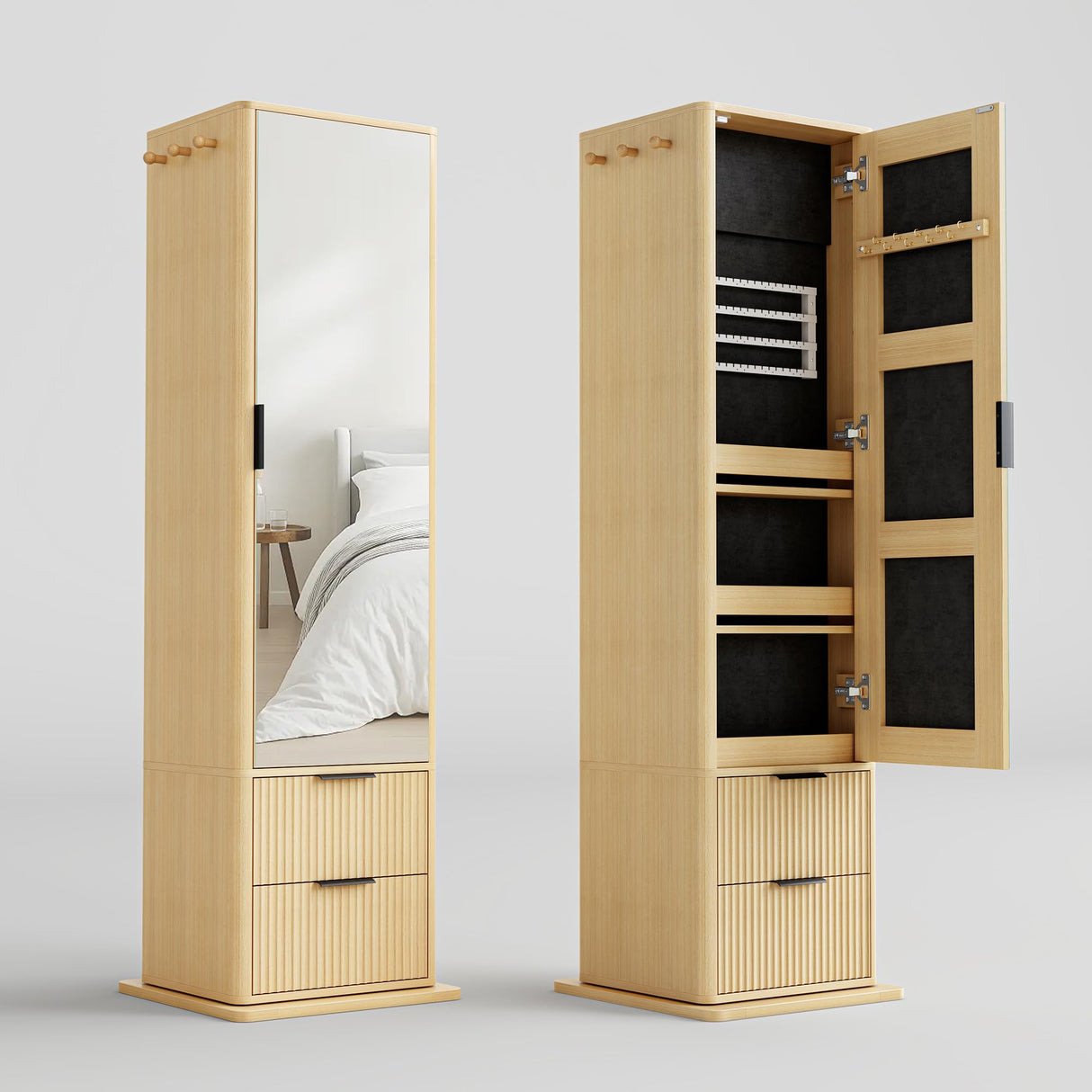 IRONCK 360° Swivel Jewelry Cabinet, Jewelry Armoire with Full Length Mirror, Coat Rack and 4-Tier Shelf, Standing Jewelry Organizers with 2 Drawers, Oak IRONCK