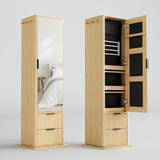 IRONCK 360° Swivel Jewelry Cabinet, Jewelry Armoire with Full Length Mirror, Coat Rack and 4-Tier Shelf, Standing Jewelry Organizers with 2 Drawers, Oak IRONCK