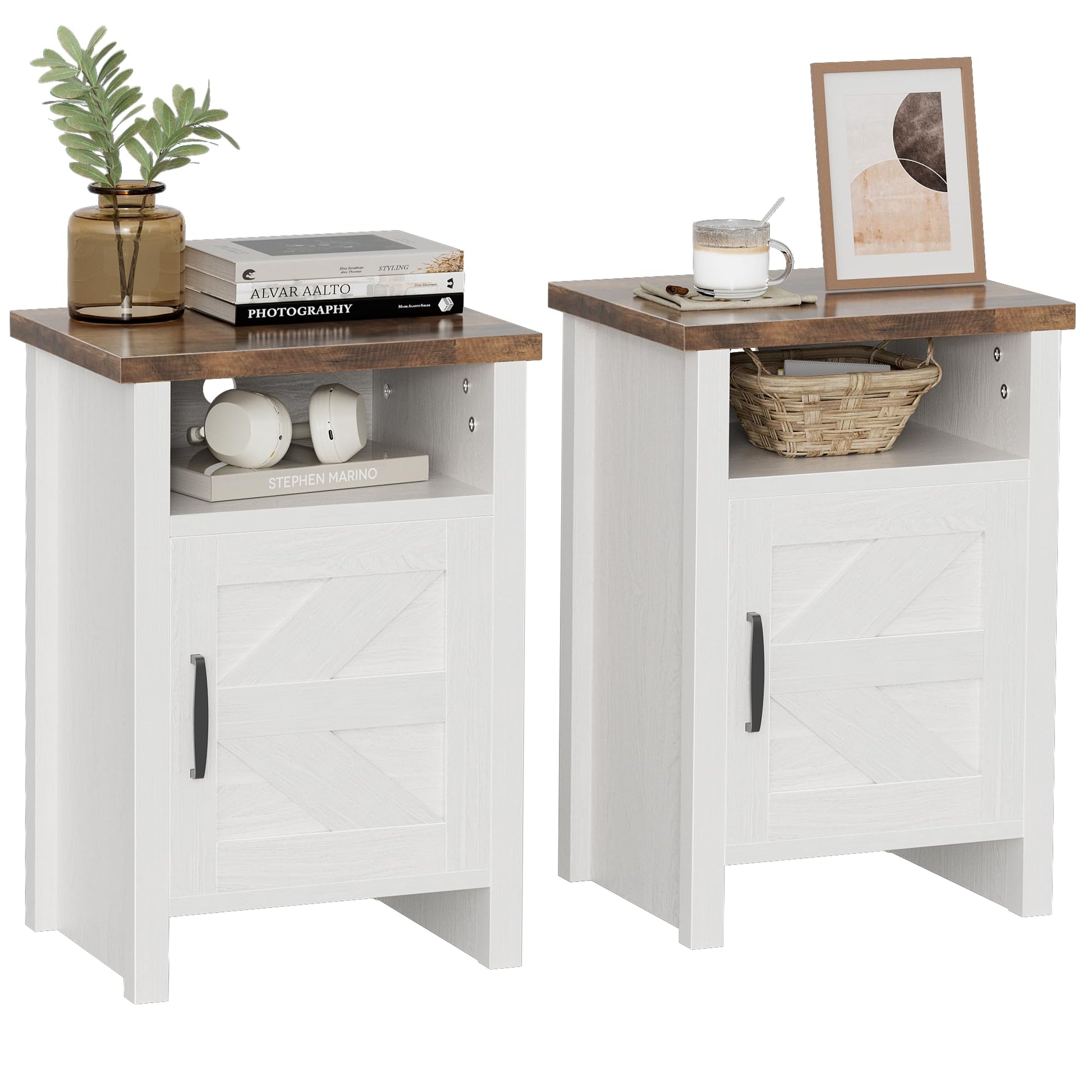 YESHOMY Farmhouse Modern Nightstand with Shelf and Barn Door, Set of 2 for Bedroom, White - WoodArtSupply