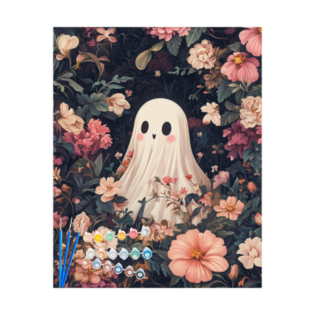 Ghost Paint by Number, Halloween Paint by Numbers Kit for Adults, Horror Acrylic Painting, Ghosts Surrounded by Flowers Pink Poster, Home Bedroom Office Wall Decor(16x20inch, No Frame) Artbrush Tower