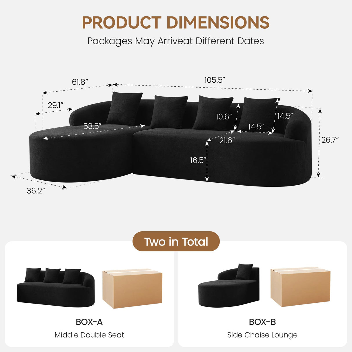 Boneless L Shaped Sofa Couch, Oversized Sectional Curved Cloud Sofa with Chaise Lounge, Chenille 4 Seats Deep Seat Couches for Living Room, No Assembly, Black Hatppto