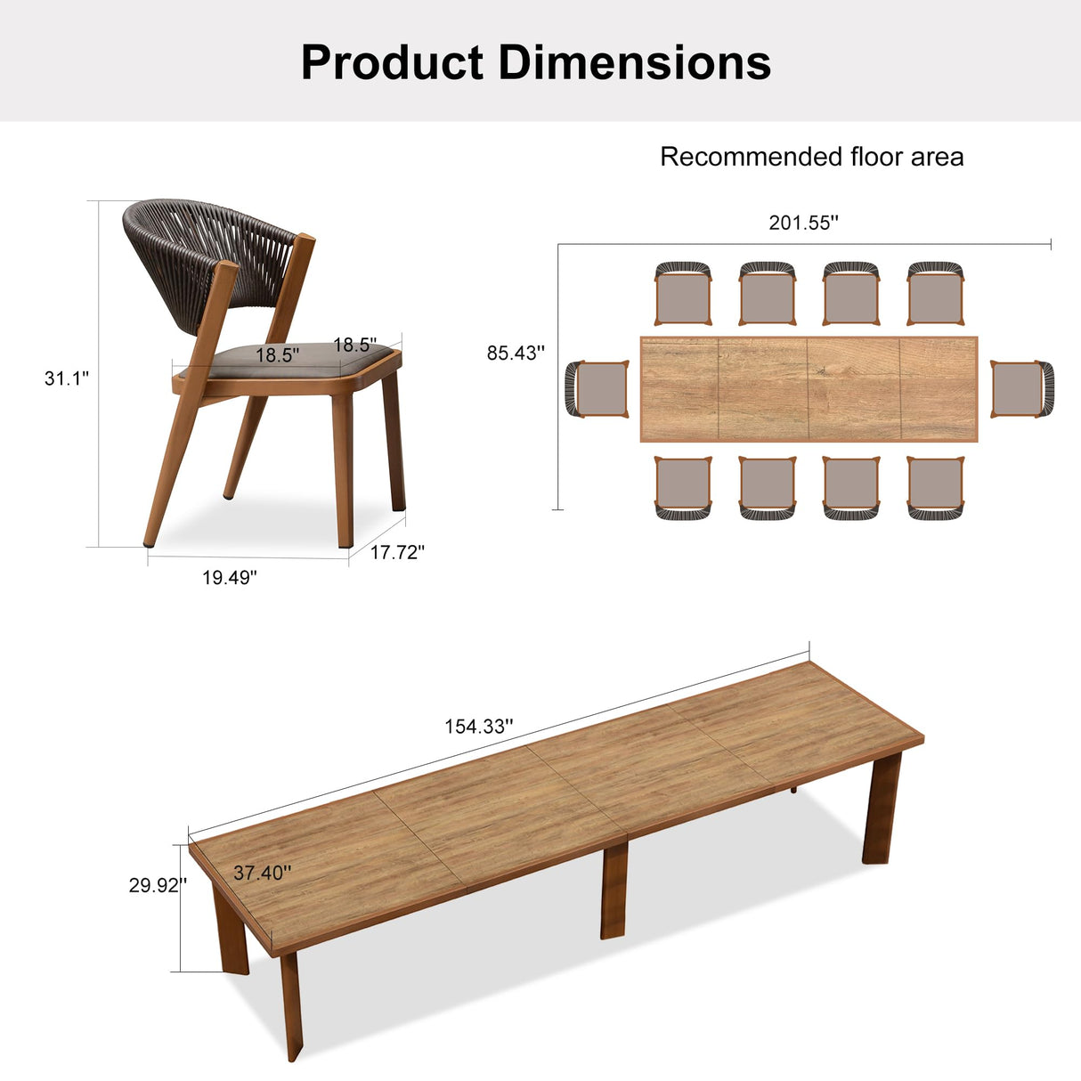PURPLE LEAF 13-Piece Patio Dining Set Outdoor Furniture Rectangular Table and Chairs Set with Aluminum Frame and Teak-Finish for Garden Deck Backyard Kitchen Deep Teak Outdoor Set PURPLE LEAF