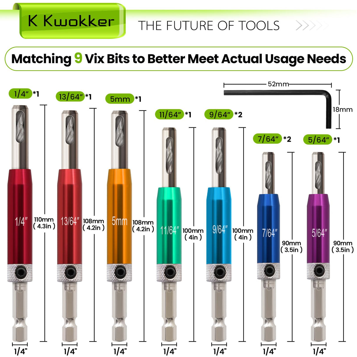 K Kwokker Self Centering Drill Bit Set 1/4" Hex Shank Vix Bit, 5/64" to 1/4" Center Drill Bit Set Custom Colorful Hinge Drill Bit Set for Metal Wood Cabinet Door Window Aluminum Copper Stainless Steel K Kwokker