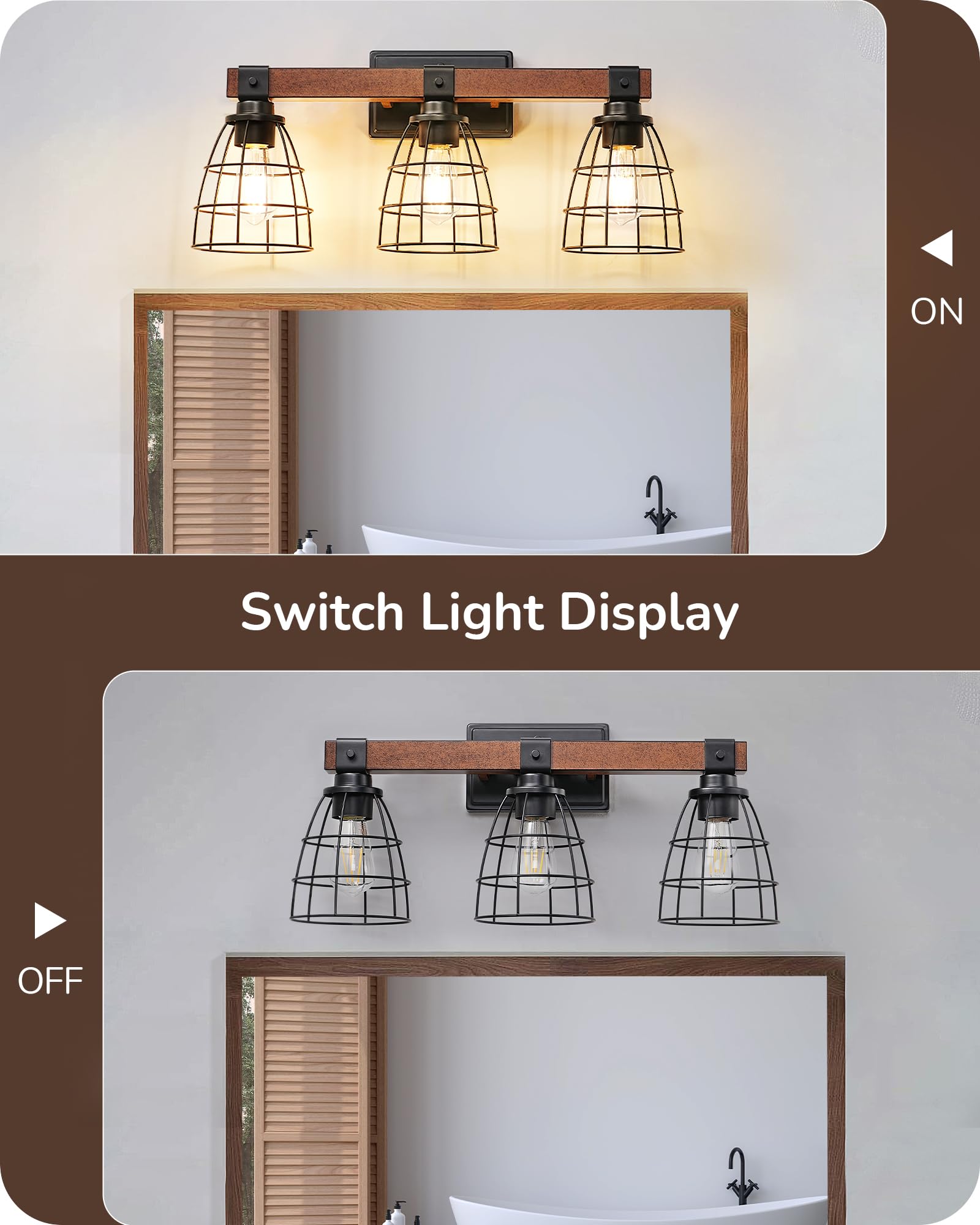 EDISHINE Large 24'' Farmhouse Vanity Lights for Bathroom, Industrial Painted Wood Bath Wall Sconces, 3-Light Bathroom Lighting Fixtures Over Mirror with Metal Cage for Powder Room - WoodArtSupply