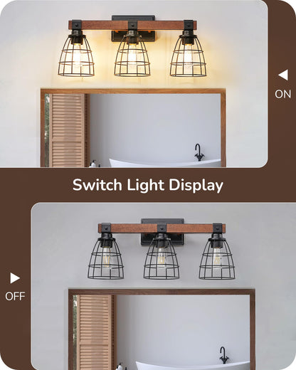 EDISHINE Large 24'' Farmhouse Vanity Lights for Bathroom, Industrial Painted Wood Bath Wall Sconces, 3-Light Bathroom Lighting Fixtures Over Mirror with Metal Cage for Powder Room - WoodArtSupply