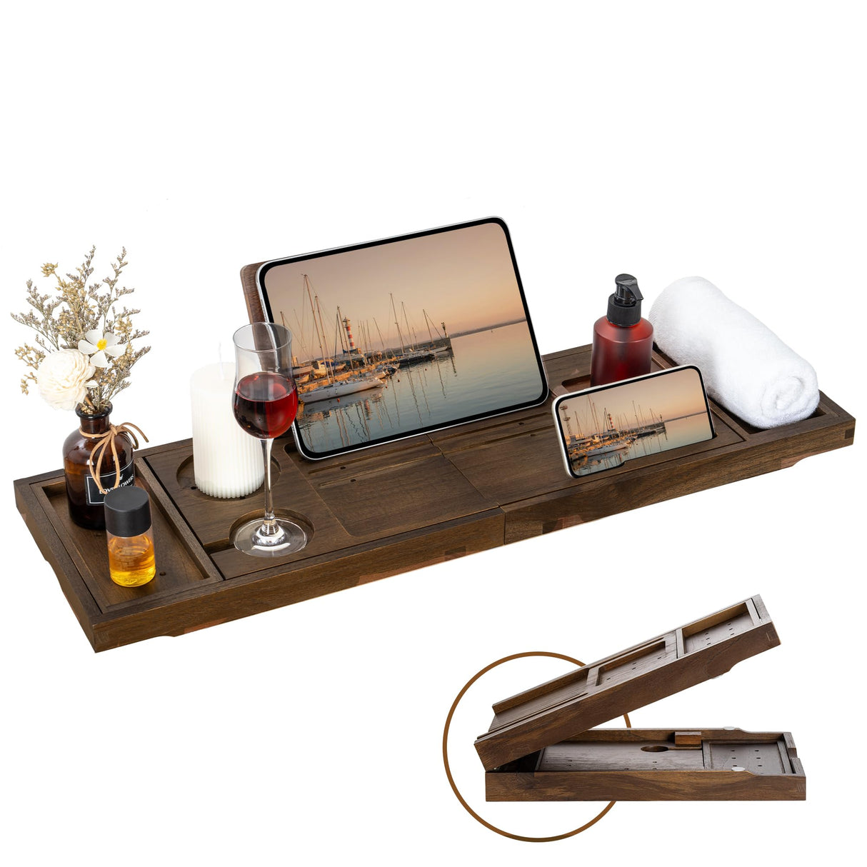 Teak Bathtub Tray - Luxury Bath Tray with Expandable Handles, Wine Glass and Phone Holders, Book Stand - Perfect for Home Spa Relaxation and Reading - Natural Bath Accessories Fun Memories