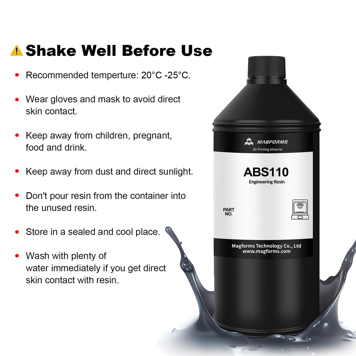 MAGFORMS Ultra Tough ABS-Like 3D Printer Resin ABS110, High Impact Resistance, Excellent Toughness and Strength, High Precision and Non-Brittle Photopolymer Resin for LCD DLP 3D Printing (Black, 1kg) Magforms