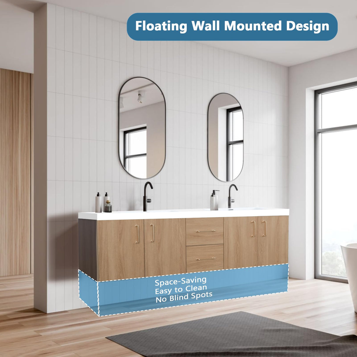 Dornberg 72" Floating Bathroom Vanity with Sink, Natural Oak Wall Mounted Bathroom Vanity with Integrated Double Sinks Combo, Single Sink Bath Vanity Set, Full Assembled Dornberg