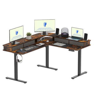 FLEXISPOT 63'' L Shaped Standing Desk Electric Corner Table with Shelf, 4 Storage Drawers, Adjustable Computer Workstation for Home, Office, Game, Studio, USB Charger, Rustic Brown Top + Black Frame