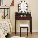 GOFLAME Vanity Table Set with Lighted Rotatable Mirror, Dressing Table with 3-Color Lights & Adjustable Brightness, Makeup Desk with Cushioned Stool for Dressing Room, Bedroom (Brown) GOFLAME