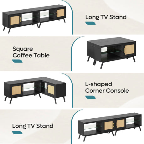 Bestier 80 Inch Black Rattan TV Stand with Storage for 85 Inch TV, 4-in-1 Mid Century Modern Entertainment Center with LED Lights, Doors and Adjustable Glass Shelves for Living Room Bestier