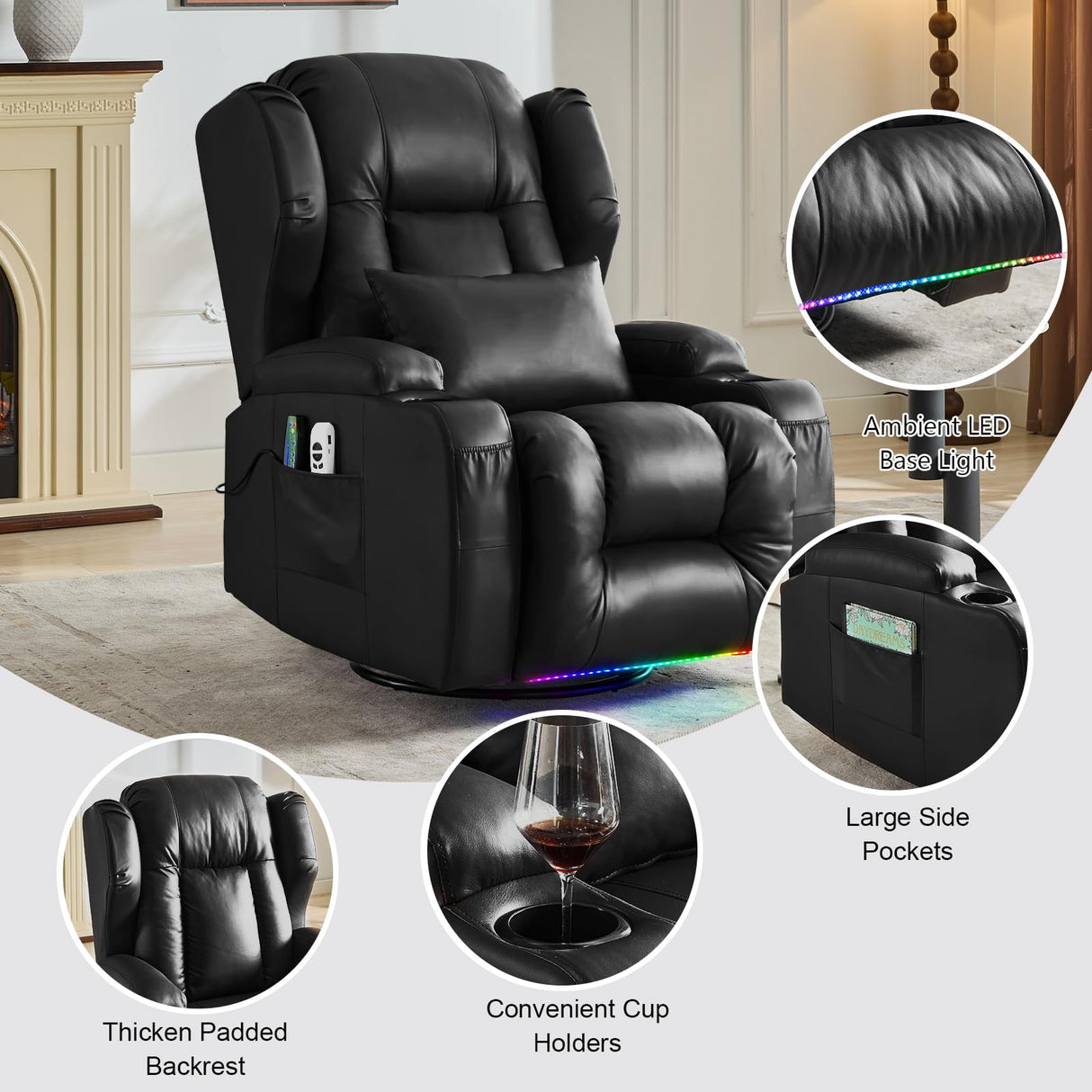 Oprisen Power Swivel Rocker Recliner Chair Home Theater Seating Electronic Glider Chair Upholstered Movie Gaming Reclining Sofa w/Heat Massage/LED Light/USB Port/Cup Holders/Pockets Oprisen