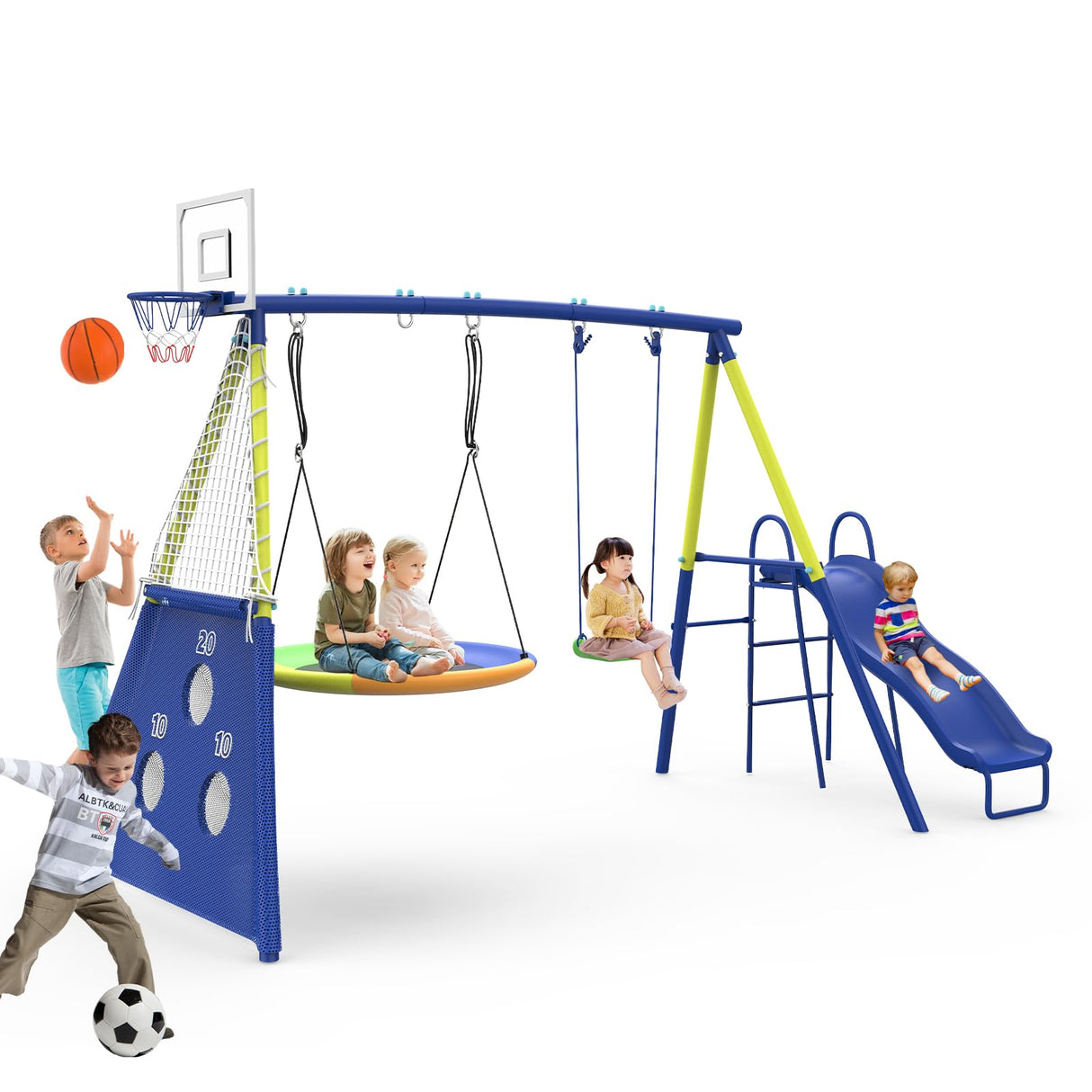 Swing Sets for Backyard with Kids Slide Outdoor Heavy-Duty Metal Playset for Kids 440lbs 5 in 1 Swing Set with Slide, Saucer Seat, Belt Seat, Soccer Goals and Basketball Hoop SENCHO GINSYTALIOR