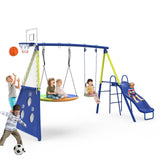 Swing Sets for Backyard with Kids Slide Outdoor Heavy-Duty Metal Playset for Kids 440lbs 5 in 1 Swing Set with Slide, Saucer Seat, Belt Seat, Soccer Goals and Basketball Hoop SENCHO GINSYTALIOR