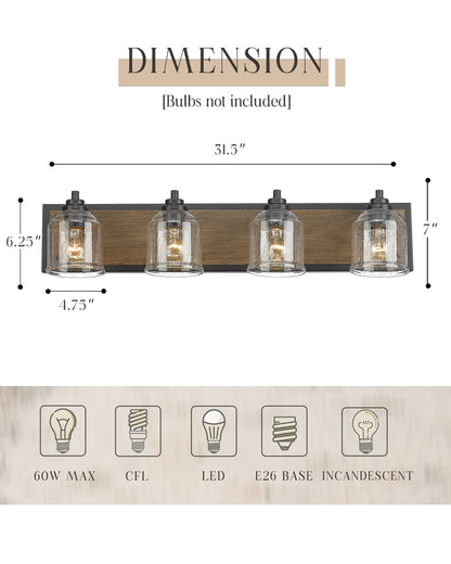 YKLITG 31.5 inch Farmhouse Bathroom Vanity Light Fixture, 4-Light Dark Wood Rustic Vanity Light with Seeded Glass Shades for Bathroom, Over Mirror, Living Room BD005-4-DW - WoodArtSupply