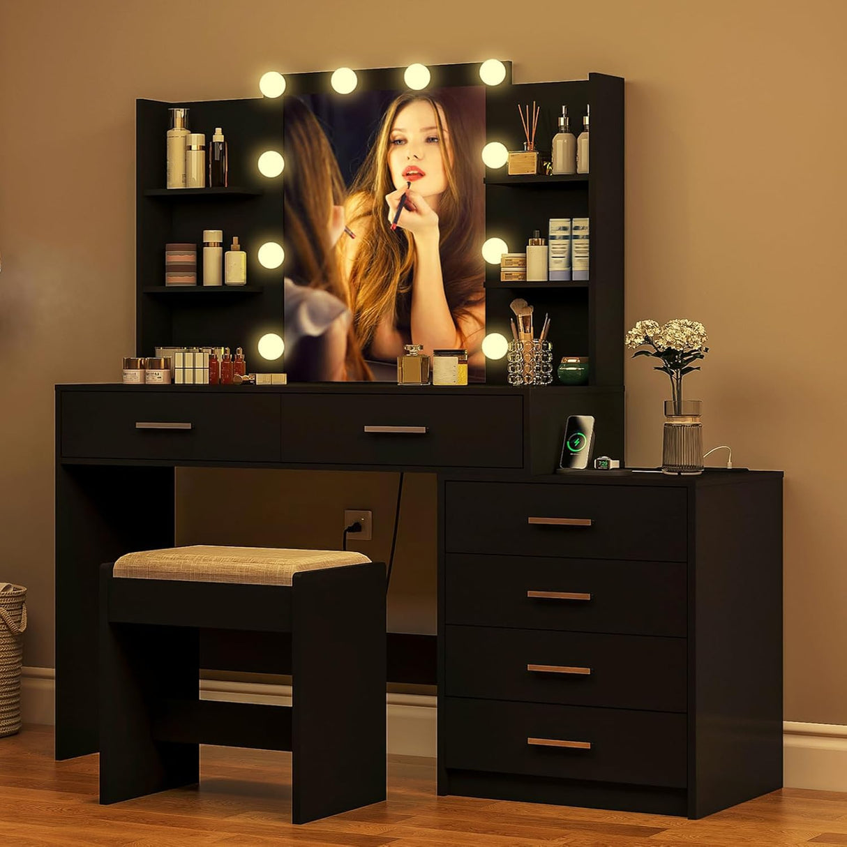 FIONESO Vanity Desk with Mirror & Lights, Makeup Vanity with 6 Drawers, 6 Open Shelves and Power Outlet, 48” Storage Makeup Vanity Desk with Stool Bench for Women, Girls, Bedroom, Black FIONESO