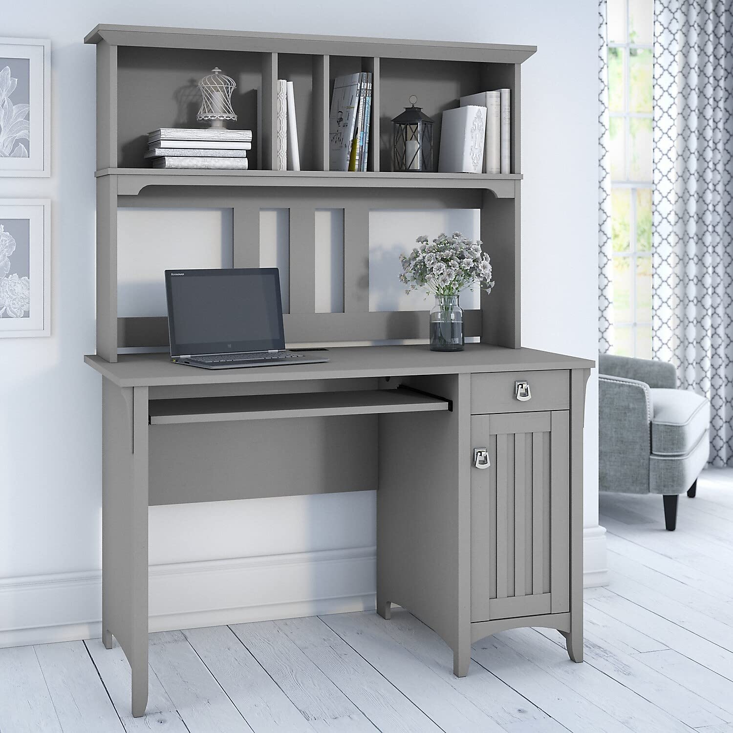 Bush Furniture Salinas Computer Desk with Hutch | Study Table with Drawers, Cabinets & Pullout Keyboard/Laptop Tray | Modern Home Office Desk in Cape Cod Gray | Work Desk with Storage - WoodArtSupply