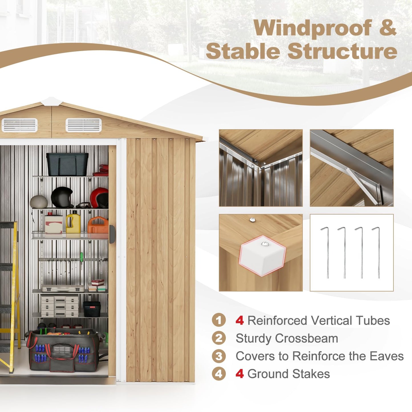 Goplus 6' x 4' Woodgrain Outdoor Storage Shed, Galvanized Metal Tool House Organizer w/ 4 Vents, Lockable Doors, Waterproof Garden Sheds & Outdoor Storage for Backyard, Lawn, Patio, Natural