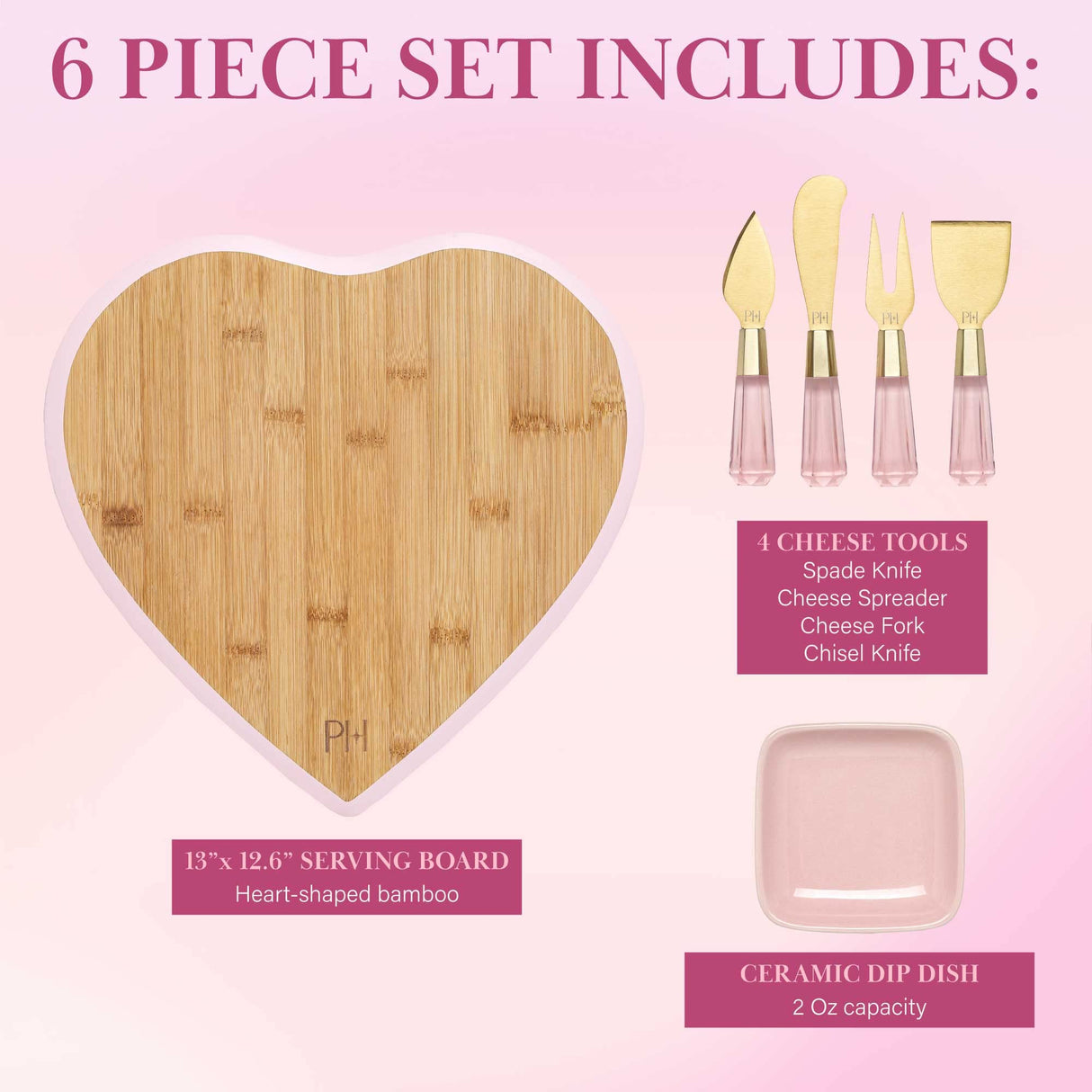 Paris Hilton Charcuterie Board and Serving Set, Bamboo Serving Board, Ceramic Dish, Cheese Utensils with Titanium Coated Blades, 6-Piece Set, Pink Paris Hilton