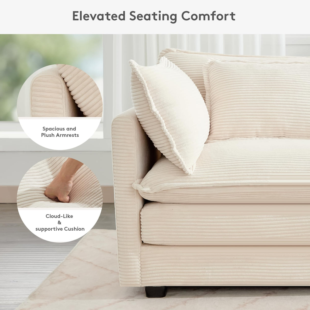 ROWHY 113'' Modular Sectional Cloud Couch, 5 Seater Corner Sofa Big Comfy Corduroy Oversized L Shaped Couch with 2 Pillows, Chaise, Ottoman, Deep Seat Sectional Couches for Living Room Office, Beige ROWHY