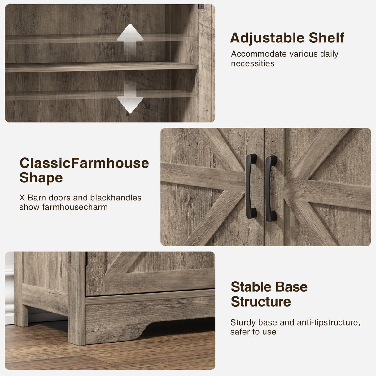 71"H Farmhouse Tall Storage Cabinet, Kitchen Pantry Cabinet with Barn Doors and Adjustable Shelves, Floor Standing Bookshelf 5 Tier Bookcase for Living Room, Kitchen, Basement,Bathroom, Grey FiveWillowise