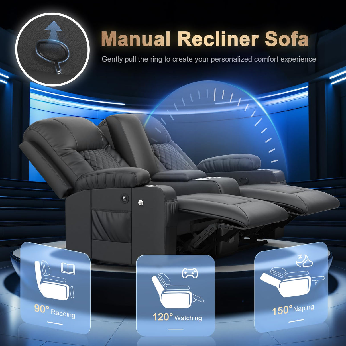 DG PEAFOWL Loveseat Recliner Sofa, Home Theater Seating with Center Console, Reclining Loveseat RV Couch with USB Ports & Phone Holders, Wall Hugger RV Sofa Furniture with Storage & Pocket DG PEAFOWL