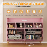 Patikuin Pink Dresser for Bedroom with LED Light & Charging Station, 8 Drawers Wooden Dressers for Women with Open Space, Modern Chest of Wide Drawers for Girls Bedroom Living Room, Entryway, Hallway Patikuin