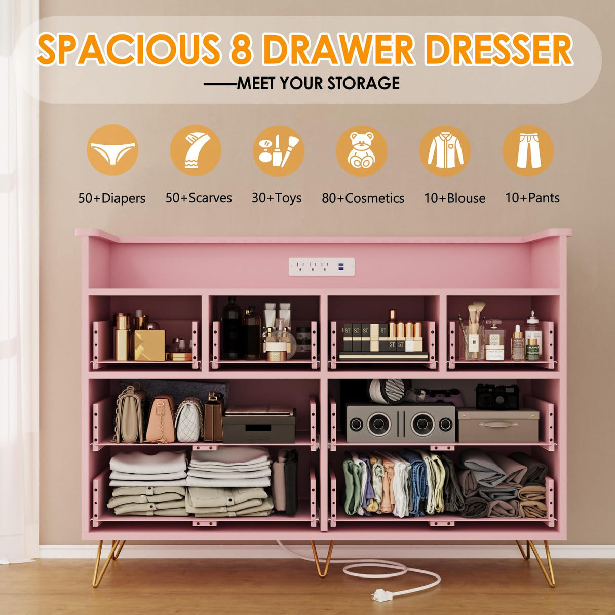 Pink Dresser with Power Outlet and LED Lights, Wood 8 Drawer Dresser for Bedroom, Modern Chest of Drawers with Gold Handles and Open Storage Space for Closet, Living Room, Entryway HarmoHaby