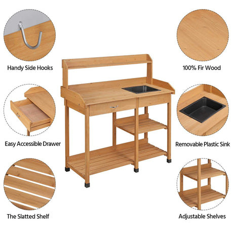 Topeakmart 45.2x17.7x47.6'' (LxWxH) Potting Benches Outdoor Garden Potting Table Work Bench with Removable Sink Drawer Rack Shelves Work Station, Wood Topeakmart