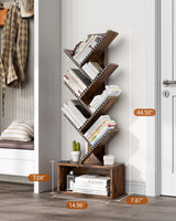 Evermagin 6 Tier Tree Bookshelf with RGBIC LED Strip Lights, Music Sync Color Changing Vertical Bookcase Tower with Remote App Control, Floor Standing Book Shelf for Books/CDs/Movies, Rustic Brown Evermagin