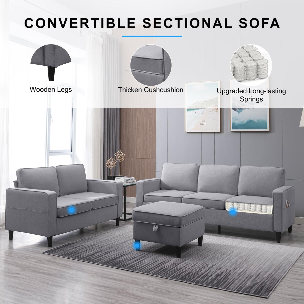 PUREMIND 2Piece Sofa Set for Living Room, Modural Convertible Loveseat and Sofa Set, Modern Linen Fabric L Shaped and Loveseat Sofa Set of 2, Sectional Sofa Couches Set for Apartment PUREMIND
