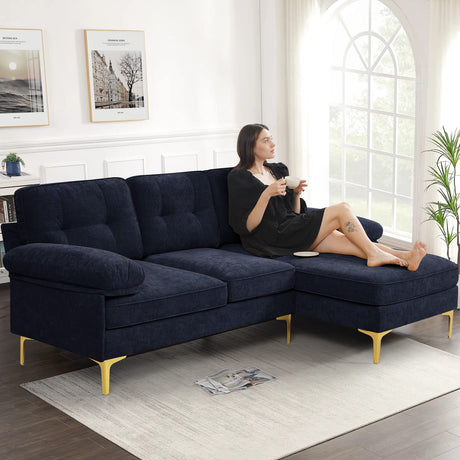 EASELAND 82" L-Shape Sofa with Reversible Chaise Lounge, Convertible Sectional Sofa Couch, Chenille Modern Sofa Couch for Living Room, Apartment and Office, Removable Cover (Dark Blue) EASELAND