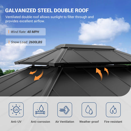 Amopatio 10' X 12' Hardtop Gazebo, Permanent Aluminum Gazebo with Galvanized Steel Double Roof, Outdoor Metal Gazebos with Curtain and Netting for Patio, Deck and Backyard, Blue Amopatio