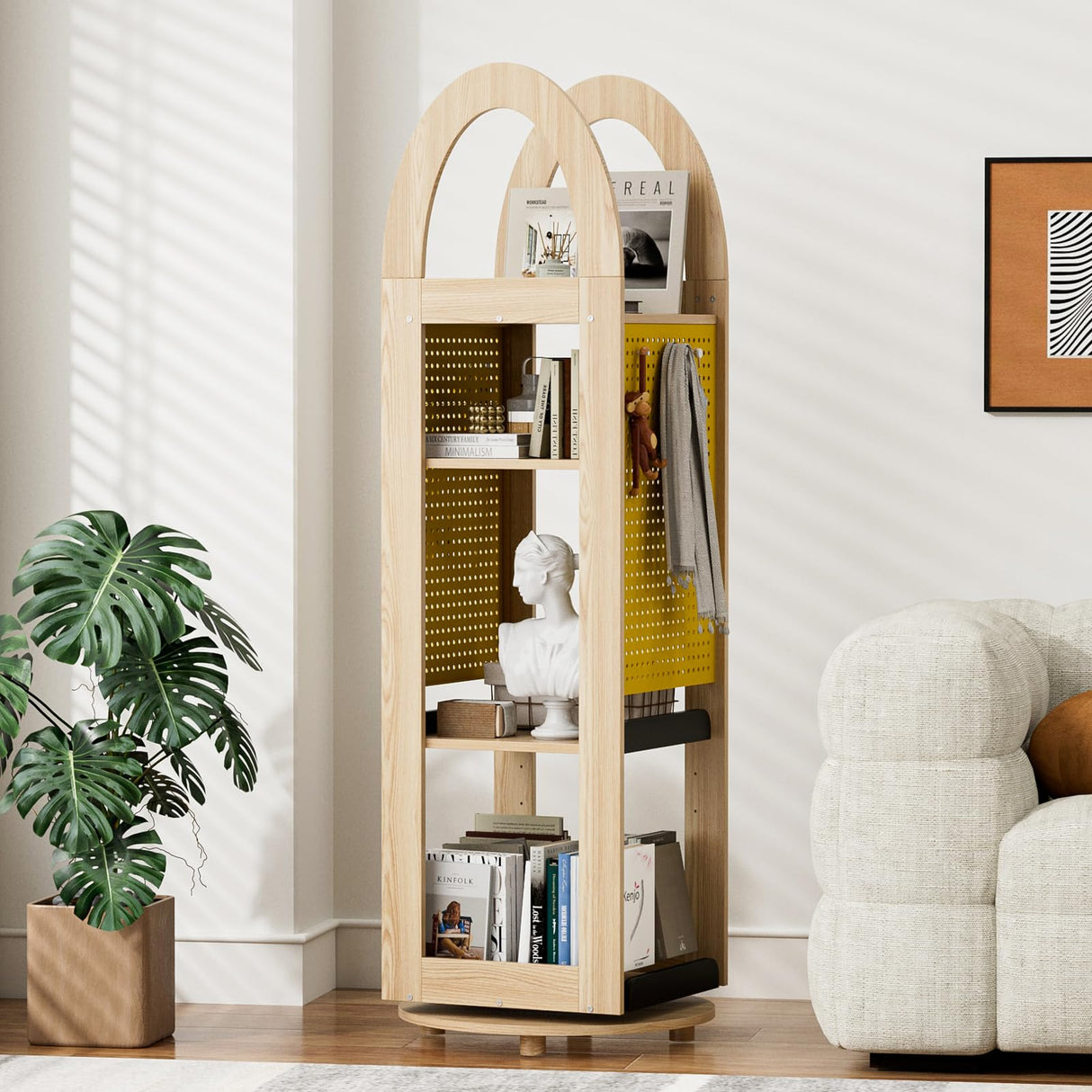 PulSpeed 360° Rotating Bookshelf 59" Tall - 4-Tier Solid Beech Wood & Iron Shelf DIY Pegboard, Anti-Tip Design Heavy Duty Storage for Small Space/Office/Living Room/Nursery/Apartment/Kid's Room PulSpeed