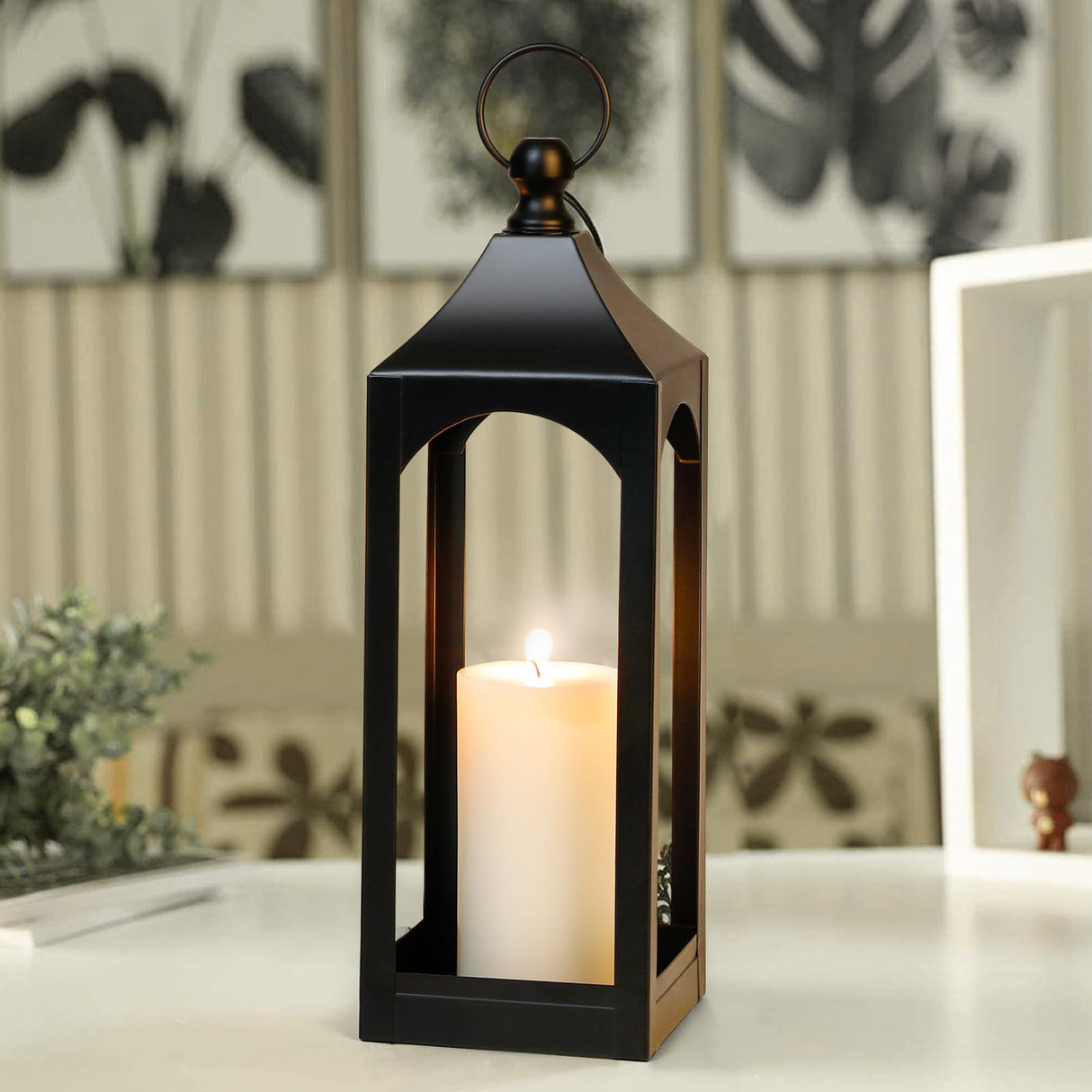 Modern Farmhouse Lantern Decor, Black Metal Decorative Hanging Candle Lanterns Ideal for Home Decor, Parties & Events, 15.1" High (No Glass Panel) SUJUN