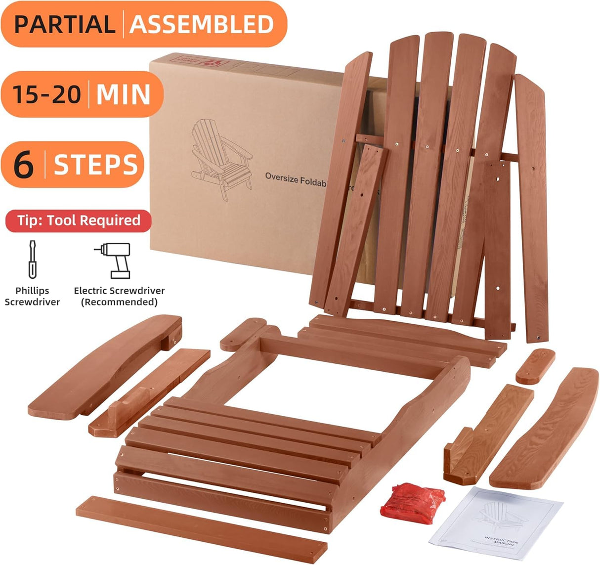 Oversize Wooden Outdoor Folding Adirondack Chair with Pre-Assembled BackRest & SeatBoard, Wood Patio Chair for Garden Backyard Porch Pool Deck Firepit SoliWood
