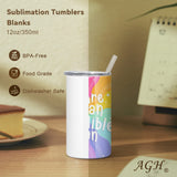 AGH 12 oz Sublimation Tumblers White Stainless Steel Straight Double Wall Vacuum 6pcs Kids Sublimation Tumblers Blanks with Lids and Straws for DIY Gift, Coffee, Tea, Beverages AGH