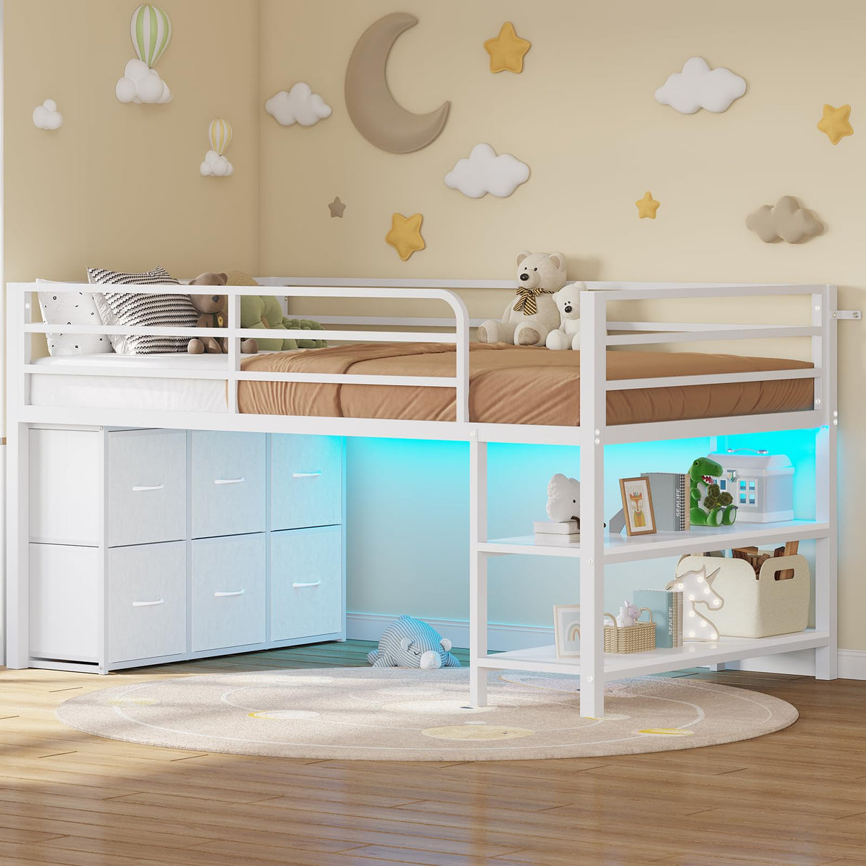 BTHFST Twin Size Low Loft Bed with 6 Fabric Storage Drawers, Metal Loft Bed Twin with LED Lights & Open Storage Shelves, 15" H Safety & Guardrail Stairs Loft Bed for Kids, White BTHFST