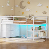 BTHFST Twin Size Low Loft Bed with 6 Fabric Storage Drawers, Metal Loft Bed Twin with LED Lights & Open Storage Shelves, 15" H Safety & Guardrail Stairs Loft Bed for Kids, White BTHFST