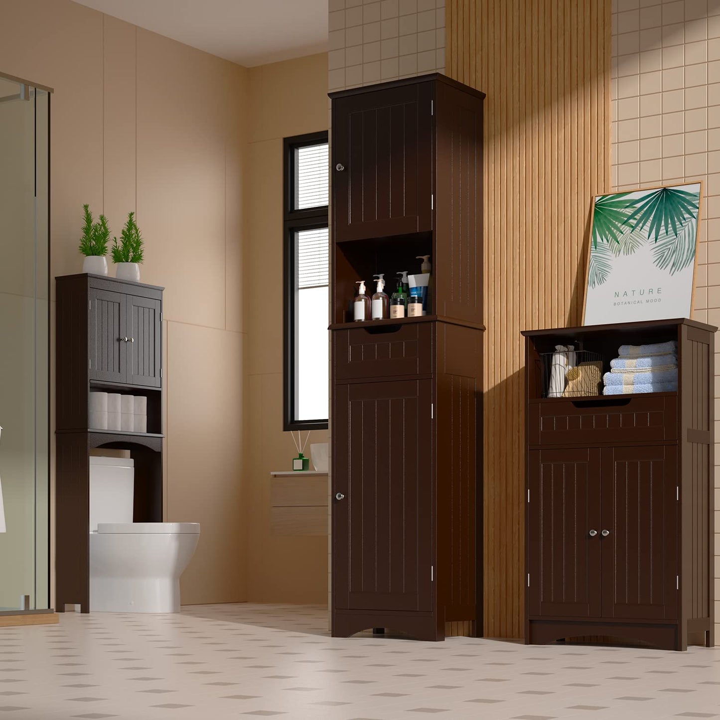 Gizoon 67" Tall Freestanding Bathroom Storage Cabinet with Adjustable Shelves - Dark Brown Linen Tower - WoodArtSupply