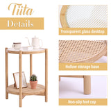Tiita Rattan Nightstand Side Table, Bamboo Accent Bedside Tables, Glass Coffee Tables, Boho Wooden End Table with Storage for Small Space, Living Room and Bedroom Tiita