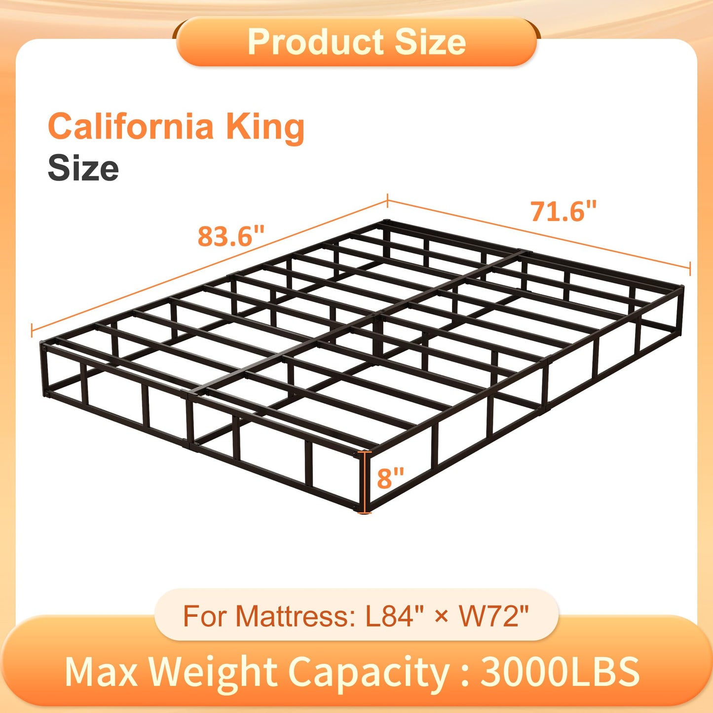 Husleephu California King Box Spring 8 Inch, High Profile Metal Cal King Box Spring with Fabric Cover, Sturdy Mattress Foundation, Easy Assembly, Noise Free, Black